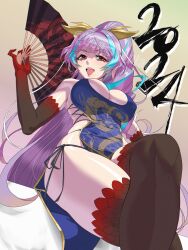 Rule 34 | 1girl, 2024, black gloves, black thighhighs, blue dress, breasts, china dress, chinese clothes, chinese zodiac, don (rg06268), dragon print, dress, elbow gloves, from below, gloves, gradient gloves, hand fan, highres, holding, holding fan, long hair, looking at viewer, looking down, macross, macross delta, medium breasts, mikumo guynemer, multicolored hair, open mouth, ponytail, red eyes, red gloves, skindentation, solo, streaked hair, thighhighs, twitter username, very long hair, watermark, year of the dragon