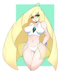 Rule 34 | 1girl, ahoge, arm behind back, armband, ayloulou, bare shoulders, blonde hair, breasts, collarbone, covered erect nipples, creatures (company), crop top, eyes visible through hair, female focus, game freak, green eyes, half-closed eyes, hand on own hip, highres, large breasts, long hair, looking to the side, lusamine (pokemon), mature female, midriff, navel, nintendo, open mouth, panties, poke ball, pokemon, pokemon sm, shirt, simple background, skindentation, sleeveless, sleeveless shirt, solo, standing, teeth, tongue, two-tone background, underwear, white background, white panties, white shirt, wide hips