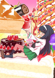 Rule 34 | 1girl, black hair, black scarf, cake, cake slice, chewing, chocolate cake, closed mouth, commentary request, food, fork, fruit, girls und panzer, green skirt, hairband, highres, holding, holding fork, holding plate, long hair, long sleeves, looking at food, ooarai school uniform, outstretched arm, oyaman12000, plate, reclining, reizei mako, scarf, school uniform, shirt, skirt, strawberry, sweets, whipped cream, white hairband, white shirt, yellow eyes