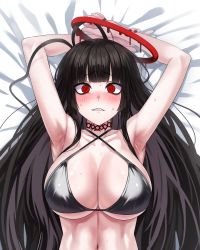 Rule 34 | 1girl, @ @, absurdres, antenna hair, armpits, arms up, bikini, black bikini, black hair, blondy (ldlong), blue archive, blush, breasts, cleavage, flower, from above, hair flower, hair ornament, halo, highres, large breasts, long hair, looking at viewer, navel, official alternate costume, parted lips, red eyes, smile, solo, string bikini, sweat, swimsuit, tsurugi (blue archive), tsurugi (swimsuit) (blue archive), very long hair