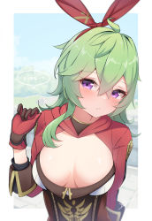 Rule 34 | 1girl, :/, ahoge, amber (genshin impact), amber (genshin impact) (cosplay), blurry, blurry background, border, bow hairband, breasts, cleavage, cleavage cutout, closed mouth, clothing cutout, collei (genshin impact), commentary request, cosplay, crossed bangs, genshin impact, gloves, green hair, hairband, hand up, highres, large breasts, purple eyes, red gloves, red hairband, shrug (clothing), signature, solo, speech bubble, translation request, upper body, white border, xlyami