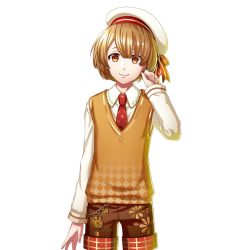 Rule 34 | 10s, 1boy, argyle, arm at side, brown eyes, brown hair, chain, collared shirt, cowboy shot, hat, long sleeves, looking at viewer, male focus, necktie, official art, pekoe (yume-100), red necktie, sailor hat, shirt, shorts, simple background, smile, solo, transparent background, vest, white background, white shirt, wing collar, yume oukoku to nemureru 100-nin no ouji-sama