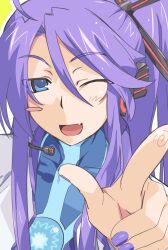 1boy blue_eyes blush_stickers fang hair_ornament hair_stick headphones headset highres kamui_gakupo kirinowa long_hair looking_at_viewer male_focus nail_polish one_eye_closed open_mouth pointing pointing_at_viewer ponytail purple_hair smile solo vocaloid