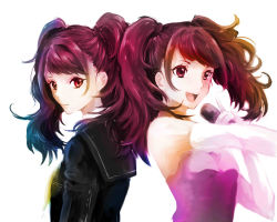 Rule 34 | 2girls, back-to-back, bare shoulders, brown eyes, brown hair, dual persona, elbow gloves, gloves, highres, holding, holding microphone, idol, iketsuko, kujikawa rise, long hair, looking at viewer, microphone, multiple girls, open mouth, persona, persona 4, school uniform, serafuku, twintails, upper body, white background, white gloves