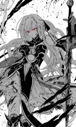 Rule 34 | 1girl, absurdres, blood, blood on clothes, blood on face, boots, closed mouth, dress, expressionless, flower, glowing, glowing eyes, greyscale, hair ribbon, highres, holding, holding sword, holding weapon, honkai: star rail, honkai (series), jdb moon, jingliu (honkai: star rail), long hair, lotus, monochrome, red eyes, ribbon, solo, sword, upper body, weapon, white background