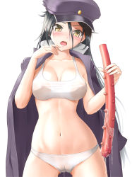 Rule 34 | 1girl, bad id, bad pixiv id, black hair, blush, bra, breasts, cameltoe, coat, comugico, cowboy shot, dildo, covered erect nipples, hair between eyes, hat, highres, huge dildo, jacket, jacket on shoulders, large breasts, long hair, love live!, love live! school idol festival, love live! school idol project, navel, nose blush, open clothes, open coat, open mouth, panties, peaked cap, pussy juice, see-through, sex toy, shiga hitomi, simple background, solo, stomach, underwear, very long hair, wet, wet clothes, white background, white bra, white panties, yellow eyes