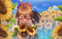 Rule 34 | 1girl, blue sky, blurry, blurry background, blurry foreground, bow, bra strap, brown hair, closed eyes, closed mouth, day, facing viewer, flower, hair bow, holding, holding flower, idolmaster, idolmaster million live!, kamille (vcx68), medium hair, outdoors, ponytail, red bow, satake minako, shirt, sky, smile, solo, sunflower, white shirt