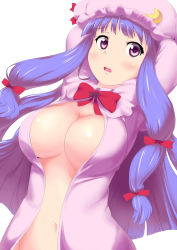 Rule 34 | 1girl, arms up, bow, breasts, cleavage, crescent, female focus, hair bow, hat, kobii, large breasts, long hair, navel, no bra, open clothes, patchouli knowledge, purple eyes, purple hair, simple background, solo, touhou, upper body, very long hair