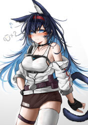 Rule 34 | 1girl, absurdres, arknights, bandaid, bandaid on face, belt, belt pouch, black choker, black gloves, black hair, black skirt, blaze (arknights), blue eyes, blue hair, blush, breasts, choker, cleavage, closed mouth, collarbone, colored inner hair, cowboy shot, fingerless gloves, gloves, hairband, hand on own hip, highres, jacket, large breasts, long sleeves, looking at viewer, miniskirt, multicolored hair, off shoulder, open clothes, open jacket, pouch, red hairband, shirt, single bare shoulder, single thighhigh, skirt, smile, solo, tank top, thigh strap, thighhighs, two-tone hair, white jacket, white shirt, white thighhighs, wordsworth owo