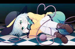 Rule 34 | 1girl, checkered floor, dise (psychoro), female focus, fetal position, full body, green eyes, hat, hat ribbon, heart, heart of string, komeiji koishi, letterboxed, looking at viewer, lying, on ground, on side, pantyhose, ribbon, shirt, silver hair, skirt, smile, solo, third eye, tile floor, tiles, touhou, white pantyhose