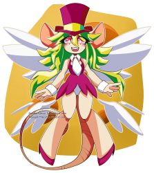 Rule 34 | 1girl, animal ears, blush stickers, breasts, green hair, hat, highres, leotard, mad rat dead, manian, mouse (animal), mouse ears, mouse girl, mouse tail, necktie, nippon ichi, rat god, red eyes, tail, top hat, wings, wrist cuffs