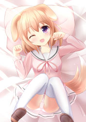 Rule 34 | 1girl, ;d, animal ears, bad id, bad pixiv id, bed sheet, breasts, brown footwear, buttons, cameltoe, cardigan, commentary request, dog ears, dog tail, fang, from above, full body, gochuumon wa usagi desu ka?, hoto cocoa, hoto cocoa&#039;s school uniform, kedama (kedama akaza), kemonomimi mode, loafers, long hair, long sleeves, looking at viewer, lying, medium breasts, neck ribbon, on back, one eye closed, open mouth, orange hair, panties, pantyshot, pillow, pink ribbon, pleated skirt, purple eyes, ribbon, sailor collar, school uniform, serafuku, shoes, skirt, smile, solo, tail, thighhighs, underwear, white sailor collar, white skirt, white thighhighs