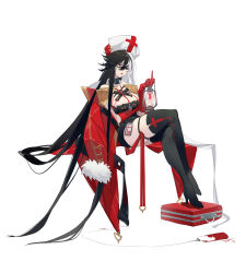 Rule 34 | 1girl, absurdly long hair, absurdres, bags under eyes, bare shoulders, black choker, black dress, black footwear, black hair, blood, blood bag, boots, breasts, briefcase, choker, coat, coat on shoulders, collarbone, cross, crossed legs, dress, english text, fang, female focus, full body, fur-trimmed coat, fur-trimmed sleeves, fur trim, gloves, half-closed eyes, hand up, hat, high heels, highres, holding, holding lantern, id card, invisible chair, lantern, large breasts, latin cross, legs, long hair, long sleeves, middle finger, mitre, multicolored hair, nana ann, open clothes, open coat, open mouth, original, red coat, red eyes, red gloves, red ribbon, ribbon, short dress, sidelocks, simple background, sitting, sketch, skin fang, skindentation, sleeveless, sleeveless dress, solo, stethoscope, teeth, thigh boots, thigh strap, thighs, two-tone hair, v-shaped eyebrows, very long hair, white background, white hair, white hat