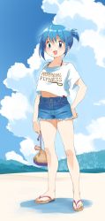 Rule 34 | 1girl, :d, alternate costume, alternate hairstyle, arm at side, bag, bare legs, beach, blue eyes, blue hair, blue sky, clenched hand, clothes writing, cloud, cloudy sky, collarbone, commentary, day, denim, denim shorts, dot nose, english commentary, english text, facing viewer, full body, gloamy, hair between eyes, halterneck, hand on own hip, happy, high ponytail, highres, holding, holding bag, legs apart, looking afar, mahou shoujo madoka magica, mahou shoujo madoka magica (anime), midriff, miki sayaka, mountain, musical note, nature, navel, open mouth, outdoors, sand, sandals, shadow, shirt, short shorts, short sleeves, shorts, sidelocks, sky, smile, solo, standing, sunlight, thighs, toenails, treble clef, white shirt, wide-eyed
