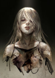 Rule 34 | 1girl, android, bad id, bad pixiv id, breasts, collarbone, cracked skin, damaged, eyelashes, hage2013, lips, long hair, mole, mole under mouth, nier (series), nier:automata, pale skin, realistic, solo, tank top, teeth, white hair, wire, a2 (nier:automata)