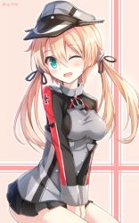 Rule 34 | 10s, 1girl, ;d, anchor hair ornament, blonde hair, blush, cross, hair ornament, hair ribbon, hat, iron cross, kantai collection, long hair, long sleeves, looking at viewer, microskirt, military, military uniform, one eye closed, open mouth, peaked cap, prinz eugen (kancolle), ribbon, rin yuu, simple background, skirt, smile, solo, twintails, twitter username, uniform