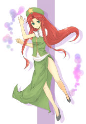 Rule 34 | 1girl, braid, china dress, chinese clothes, dress, female focus, full body, green eyes, hong meiling, immaterial and missing power, kiyuren, red hair, solo, touhou, twin braids, white background