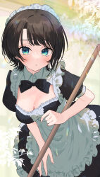 Rule 34 | 1girl, absurdres, alternate costume, apron, black dress, black hair, blue eyes, blush, breasts, broom, dress, frilled apron, frills, highres, holding, holding broom, hololive, large breasts, looking at viewer, maid, maid apron, maid headdress, oozora subaru, puffy short sleeves, puffy sleeves, rei toba, short hair, short sleeves, virtual youtuber, white apron