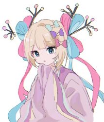 Rule 34 | 1girl, blonde hair, blue bow, blue eyes, blue hair, blunt bangs, bow, branch, chouzetsusaikawa tenshi-chan, commentary request, eyeshadow, gekkou chou, hair bow, hair ornament, hair rings, hands up, japanese clothes, kabe (zp66104), kimono, long hair, long sleeves, makeup, multicolored hair, multiple hair bows, needy girl overdose, official alternate costume, official alternate hairstyle, pink bow, pink eyeshadow, pink hair, pink kimono, purple bow, quad tails, simple background, sleeves past fingers, sleeves past wrists, solo, upper body, white background, wide sleeves