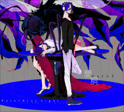 Rule 34 | 1boy, 2girls, abstract, alternate costume, blue hair, bug, copyright name, dress, fate/stay night, fate (series), fly, hair ribbon, headphones, hidden face, high heels, highres, horror (theme), insect, looking at viewer, matou sakura, matou shinji, medusa (fate), medusa (rider) (fate), multiple girls, muzzle, mzet, purple eyes, purple hair, red ribbon, ribbon, short hair, translation request, wavy hair
