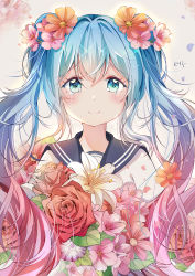 Rule 34 | 1136002526, 1girl, bad id, bad pixiv id, blue eyes, blue hair, blush, closed mouth, flower, hair flower, hair ornament, hatsune miku, highres, long hair, looking at viewer, smile, solo, star-shaped pupils, star (symbol), symbol-shaped pupils, tears, twintails, upper body, vocaloid
