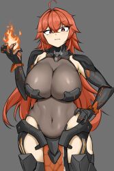 1girl absurdres ahoge breasts fire goddess_of_victory:_nikke goma. grey_background hair_between_eyes hand_on_own_hip highres large_breasts leotard navel nihilister_(nikke) red_eyes red_hair see-through_clothes simple_background solo