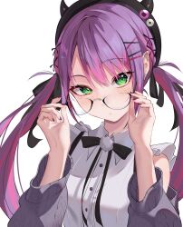 Rule 34 | 1girl, adjusting eyewear, black hat, blush, bow, bowtie, breasts, closed mouth, collared shirt, detached sleeves, glasses, green eyes, hair bow, hair ornament, hairclip, hands up, hat, highres, hololive, looking at viewer, multicolored hair, panda 0035, pointy ears, pom pom (clothes), purple eyes, shirt, sidelocks, simple background, sleeveless, sleeveless shirt, small breasts, solo, streaked hair, tokoyami towa, tokoyami towa (jirai kei), twintails, virtual youtuber, white background, x hair ornament