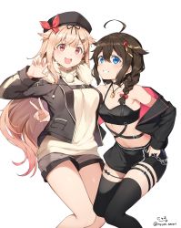 Rule 34 | 2girls, absurdres, ahoge, alternate costume, black jacket, black legwear, black ribbon, blonde hair, blue eyes, braid, breasts, brown hair, brown jacket, chain, choker, hair flaps, hair ornament, hairclip, hat, highres, jacket, jewelry, kantai collection, long hair, md5 mismatch, medium breasts, miniskirt, multiple girls, necklace, nyum, open mouth, red eyes, ribbon, shigure (kancolle), shorts, simple background, skirt, small breasts, smile, thigh strap, thighhighs, turtleneck, twitter username, v, white background, yuudachi (kancolle), zettai ryouiki