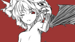 Rule 34 | 1girl, blood, female focus, hat, herio, monochrome, no nose, nude, one eye closed, outstretched arm, red eyes, remilia scarlet, short hair, simple background, solo, spot color, touhou, wink