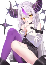 Rule 34 | 1girl, ahoge, black collar, black horns, black skirt, blush, collar, commentary request, detached sleeves, feet out of frame, grey hair, hanamaru tsubaki, highres, hololive, horns, la+ darknesss, long hair, long sleeves, looking at viewer, multicolored hair, own hands together, pantyhose, pointy ears, purple hair, purple pantyhose, shirt, simple background, single leg pantyhose, sitting, skirt, solo, streaked hair, very long hair, virtual youtuber, white background, white shirt, yellow eyes