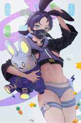 Rule 34 | 1boy, animal ears, black choker, blue eyes, briefs, chip ice, choker, fake animal ears, highres, holding, holding stuffed toy, legband, looking at viewer, male focus, male underwear, mask, mouth mask, navel, original, purple hair, purple male underwear, rabbit ears, short hair, shrug (clothing), solo, stuffed toy, thick thighs, thighs, underwear, wide sleeves