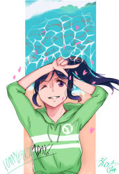 Rule 34 | 1girl, arms behind head, arms up, artist request, blue hair, bush, dolphin print, female focus, green sweater, hands on own head, highres, layered clothes, long hair, love live!, love live! sunshine!!, matsuura kanan, one eye closed, pedal, ponytail, purple eyes, shirt, smile, solo, sweater, water, waves