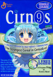Rule 34 | 1girl, blue hair, cereal, circled 9, cirno, dress, english text, female focus, frog, hands on own hips, highres, solo, touhou