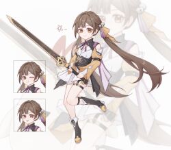 Rule 34 | 1girl, :d, aged down, black footwear, boots, brown eyes, brown hair, chinese clothes, full body, highres, holding, holding sword, holding weapon, honkai: star rail, honkai (series), jian (weapon), long hair, long sleeves, looking at viewer, multiple views, napppptt, one eye closed, open mouth, simple background, smile, solo, sushang (honkai: star rail), sword, tongue, tongue out, twintails, very long hair, weapon, white background