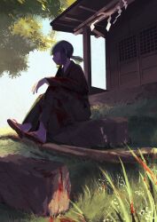 Rule 34 | 1boy, absurdres, black eyes, blood, blood in hair, blood on face, blunt bangs, brown footwear, building, closed mouth, commentary request, day, grass, green hair, green kimono, highres, himurohiromu, japanese clothes, kimono, long sleeves, looking to the side, male focus, original, outdoors, rock, sandals, short ponytail, sitting, sky, solo, zouri