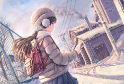 Rule 34 | 1girl, animal, backpack, bag, bare tree, beanie, black hair, blue eyes, blue skirt, blue sky, boar, box, building, ceiling light, chain-link fence, chimney, cloud, coat, commentary request, day, dutch angle, earmuffs, fence, floating hair, from side, fur collar, grey coat, hat, highres, holding, house, long hair, long sleeves, magazine (object), miniskirt, original, outdoors, path, pleated skirt, power lines, puffy sleeves, road, scenery, skirt, sky, smoke, snow, snowing, solo, soraizumi, standing, sunlight, town, tree, utility pole, winter, winter clothes