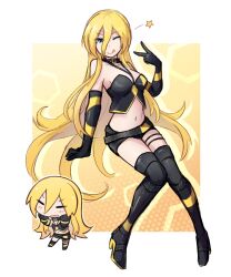 1girl belt black_belt black_gloves black_skirt blonde_hair boots breasts chibi chibi_inset commentary crop_top elbow_gloves english_commentary full_body gloves highres licking_lips lily_(vocaloid) long_hair mehyuew39 one_eye_closed skirt solo_focus thigh_boots tongue tongue_out v vocaloid