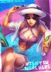 Rule 34 | 1girl, absurdres, alternate costume, alternate hair color, bangle, bikini, bracelet, breasts, caitlyn (league of legends), cleavage, closed eyes, cocktail, commentary, english commentary, floating, front-tie bikini top, front-tie top, hat, highres, holding, holding removed eyewear, innertube, jewelry, league of legends, lips, long hair, medium breasts, monori rogue, navel, o-ring, o-ring bikini, o-ring swimsuit, open clothes, open shirt, partially submerged, pink floyd, pool, pool party caitlyn, purple hair, solo, stomach, sun hat, sunglasses, swim ring, swimsuit, thigh strap, toned, unworn eyewear, wish you were here