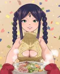 Rule 34 | 1girl, braid, breasts, cleavage, colorized, dead rock, gaston18, green eyes, large breasts, long hair, looking at viewer, mashima hiro, mikoto (dead rock), mittens, twin braids