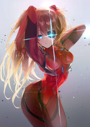 Rule 34 | 1girl, absurdres, artist request, blue eyes, bodysuit, breasts, brown hair, curvy, evangelion: 3.0 you can (not) redo, expressionless, eyepatch, glowing, glowing eyes, hand in own hair, hands in own hair, highres, looking at viewer, medium breasts, neon genesis evangelion, plugsuit, rebuild of evangelion, red bodysuit, shiny clothes, shiny skin, simple background, skin tight, solo, souryuu asuka langley, standing, two side up, wide hips