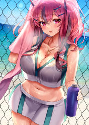 Rule 34 | 1girl, absurdres, azur lane, bare shoulders, beach, blue sky, blush, bottle, bow, bra, breasts, bremerton (azur lane), bremerton (scorching-hot training) (azur lane), chain-link fence, cleavage, collarbone, commentary request, crop top, crop top overhang, day, denchu (kazudentyu), drying, fence, grey hair, hair between eyes, hair bow, hair ornament, hairclip, head tilt, heart, heart necklace, highres, holding, holding bottle, jewelry, large breasts, long hair, looking at viewer, midriff, mole, mole on breast, mole under eye, multicolored hair, navel, necklace, ocean, outdoors, pink eyes, pink hair, see-through, shiny skin, shirt, sidelocks, sky, sleeveless, sleeveless shirt, sportswear, standing, streaked hair, sweat, tennis uniform, tongue, tongue out, towel, twintails, two-tone hair, two-tone shirt, two-tone skirt, underwear, water bottle, wet, wet clothes, x hair ornament