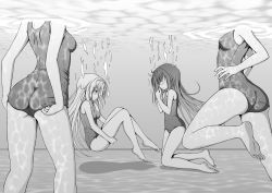 Rule 34 | 4girls, adjusting clothes, adjusting swimsuit, aki (kagamitotukasakonata), ass, bad id, bad pixiv id, barefoot, blush, caustics, closed eyes, clothes pull, feet, floating, greyscale, head out of frame, highres, holding breath, kneeling, leg lift, long hair, monochrome, multiple girls, one-piece swimsuit, one-piece swimsuit pull, original, pool, school swimsuit, smile, swimsuit, underwater, very long hair, water