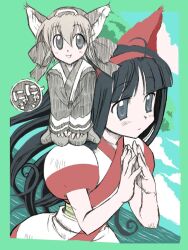 Rule 34 | 2girls, ainu clothes, animal ears, black hair, cat ears, grey eyes, hair ribbon, highres, hisashi kadota, legs, long hair, looking at viewer, multiple girls, nakoruru, open mouth, own hands clasped, ribbon, rimururu, samurai spirits, short hair, siblings, sisters, sitting, smile, thighs, traditional media