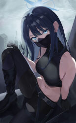 Rule 34 | 1girl, absurdres, bare shoulders, belt, black belt, black gloves, black mask, black pants, blue archive, blue eyes, blue hair, blue halo, breasts, collarbone, gloves, halo, halterneck, head tilt, higashiwun izumi, highres, knee up, long hair, looking at viewer, mask, medium breasts, mouth mask, navel, pants, saori (blue archive), sitting, solo, stomach
