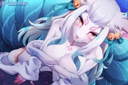 1girl, :3, ahri, animal ears, animated, aqua hair, aqua ribbon, artist name, bandage, bangs, bell, breasts, cleavage, commentary, english commentary, facial mark, furrification, furry, hair bell, hair ornament, huge filesize, jewelry, jingle bell, large breasts, league of legends, long hair, long sleeves, looking at viewer, multicolored hair, multiple tails, patreon logo, patreon username, reward available, ribbon, slit pupils, sollyz, solo, spirit blossom ahri, tail, watermark, web address, whisker markings, white hair, yellow eyes