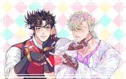 Rule 34 | 2boys, battle tendency, blonde hair, blue eyes, brown hair, caesar anthonio zeppeli, facial mark, feather hair ornament, feathers, fingerless gloves, gloves, green eyes, hair ornament, heart, heart hands, heart hands duo, highres, jacket, jojo no kimyou na bouken, joseph joestar, joseph joestar (young), male focus, manly, multiple boys, scarf, suspenders, sweater vest, white jacket, xing xiao