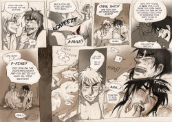 2boys blush closed_eyes comic doraya fingers_in_mouth kaiji kazuya_hyodo monochrome multiple_boys speech_bubble yaoi