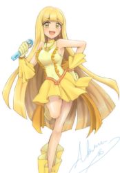 Rule 34 | 1girl, beautiful witch sakuran, blonde hair, blunt bangs, coco (mermaid melody pichi pichi pitch), dress, frilled dress, frills, full body, gloves, hand on own hip, idol, jewelry, looking at viewer, mermaid melody pichi pichi pitch, necklace, short dress, signature, solo, turtleneck, white background, yellow dress, yellow eyes, yellow footwear, yellow gloves