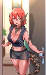 Rule 34 | au ra, breasts, cleavage, door, final fantasy, final fantasy xiv, highres, kenron toqueen, large breasts, midriff, navel, open door, open mouth, red eyes, red hair, sportswear, tail, unzipped