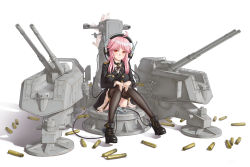 Rule 34 | 1girl, ahoge, ammunition, anti-aircraft, anti-aircraft gun, bad id, bad pixiv id, black footwear, black jacket, black thighhighs, blue eyes, buttons, cannon, cat, commentary, controller, double-breasted, english commentary, epaulettes, garter straps, headphones, high heels, highres, jacket, john lacusean, long hair, long sleeves, looking at viewer, machinery, military, military uniform, pink hair, sidelocks, sitting, solo, thighhighs, tirpitz (warship girls r), turret, uniform, warship girls r, white background
